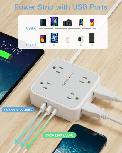 TESSAN Surge Protector Power Strip, 5 Ft Flat Plug Extension Cord with 3 USB (1 USB C) 8 Outlets, 1250W, 900J Protection, 3 Sided Outlet Extender with Power Switch for Office, Dorm Room, Grey