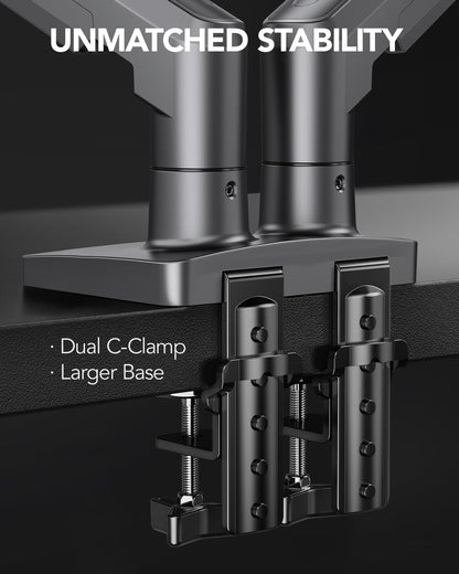 HUANUO FlowLift™ Dual Monitor Stand, Fully Adjustable Gaming Monitor Desk Mount for 13–32″ Computer Screens, Full Motion VESA 75x75/100x100 with C-Clamp & Grommet Base, Each Arm Holds 4.4 to 19.8 lbs