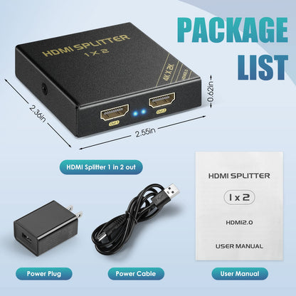 HDMI Splitter 1 in 2 Out 60Hz - HDCP Bypass 2.3, HDR, Dolby/DTS 5.1/7.1 - Compatible with Firestick 4k Max, PS3/PS5 & Elgato HD60s/x/Pro, Apple TV 4K, Retrotink, Roku Stick, NOT for Phone