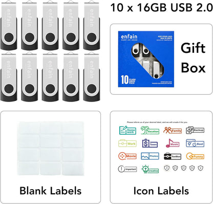 Enfain 16GB USB 2.0 Flash Drive 10 Pack | Swivel Thumb Drives with 31 Labels | Gift-Ready Packaging for Corporate Events, Office & Team Distributions (Black)