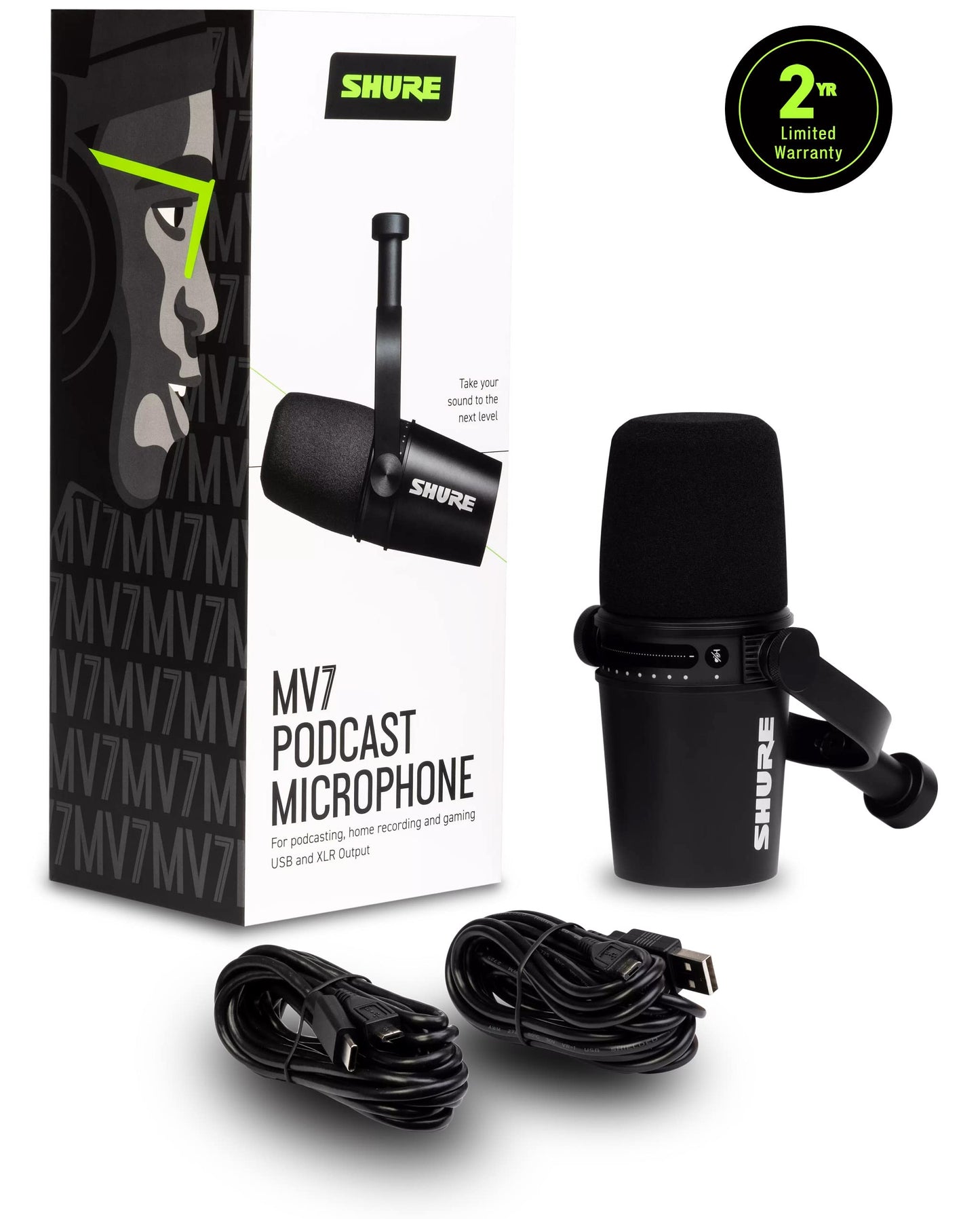 Shure MV7 USB Podcast Microphone for Podcasting, Recording, Live Streaming & Gaming, Built-in Headphone Output, All Metal USB/XLR Dynamic Mic, Voice-Isolating Technology, TeamSpeak Certified - Black