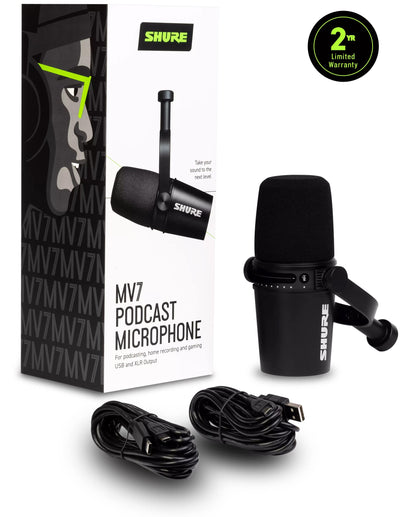 Shure MV7 USB Podcast Microphone for Podcasting, Recording, Live Streaming & Gaming, Built-in Headphone Output, All Metal USB/XLR Dynamic Mic, Voice-Isolating Technology, TeamSpeak Certified - Black
