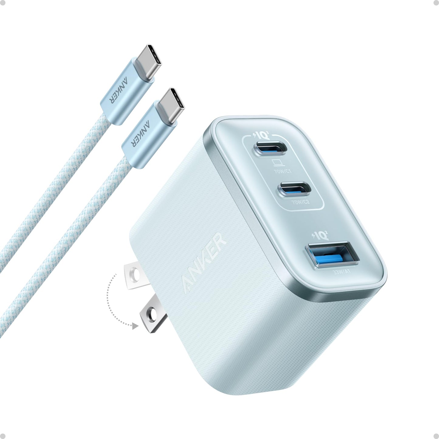 Anker Nano Charger, Ultra-Fast 70W Output 3-Port USB C Charger Block, Fast Charging, Compact and Stylish, for iPhone 17/16 Series, MacBook, iPad, Pixel, Galaxy, and More(Black, Cable Included)