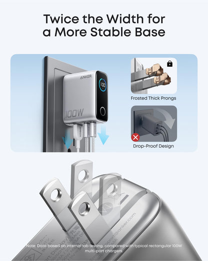 Anker Charger, 100W Max Ultra-Compact 3-Port GaN USB C Charger Block with Smart Display and Touch Control, Fast Wall Adapter for iPhone 17/16 Series, iPad, MacBook (Include Charge Cable, Non-Battery)