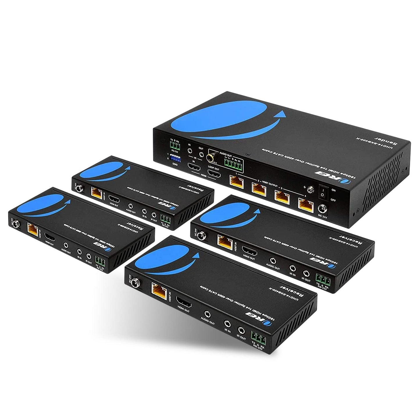 OREI 4K 4x4 HDMI Extender Matrix - UltraHD 4K @ 60Hz 4:4:4 Over Single CAT5e/6/7 Cable with HDR Switcher & IR Control, RS-232 - Up to 230 Ft - 1080P Downscale - 4 x Loop Out - 4 Receivers Included