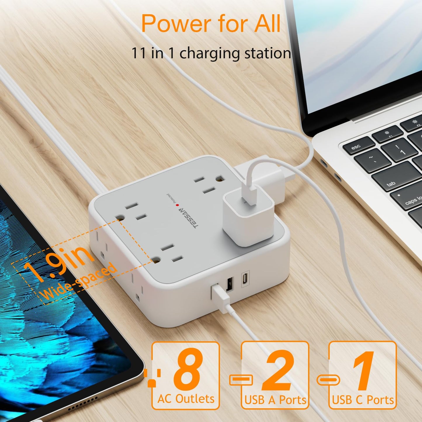 TESSAN Surge Protector Power Strip, 5 Ft Flat Plug Extension Cord with 3 USB (1 USB C) 8 Outlets, 1250W, 900J Protection, 3 Sided Outlet Extender with Power Switch for Office, Dorm Room, Grey