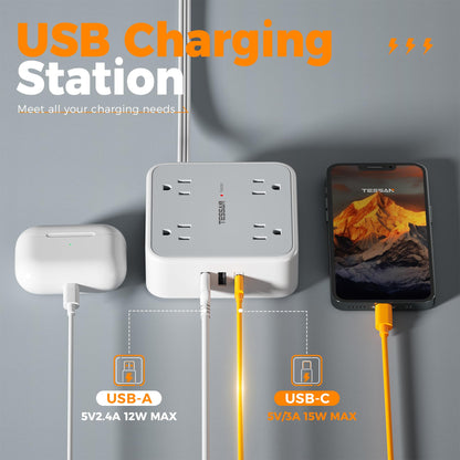 TESSAN Surge Protector Power Strip, 5 Ft Flat Plug Extension Cord with 3 USB (1 USB C) 8 Outlets, 1250W, 900J Protection, 3 Sided Outlet Extender with Power Switch for Office, Dorm Room, Grey