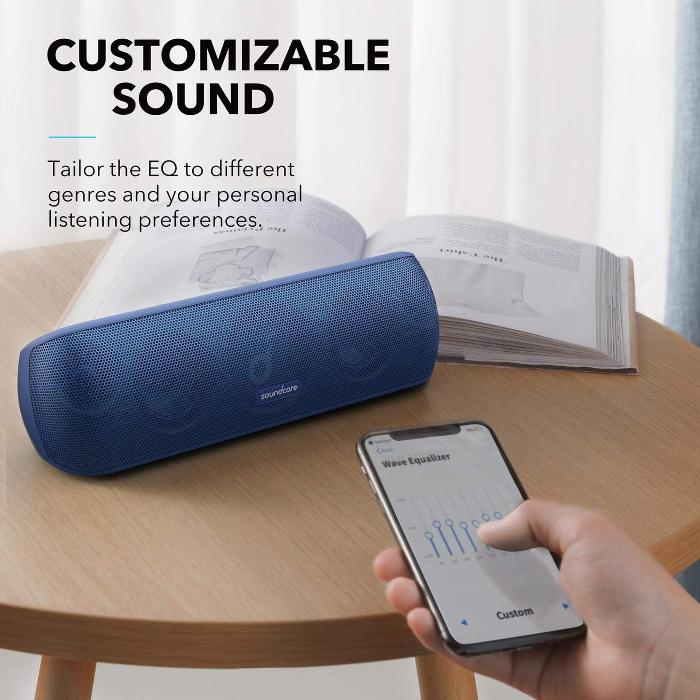 Soundcore Motion+ Bluetooth Speaker with Hi-Res 30W Audio, Extended Bass and Treble, Wireless HiFi Portable Speaker with App, Customizable EQ, 12-Hour Playtime, IPX7 Waterproof, and USB-C, Blue