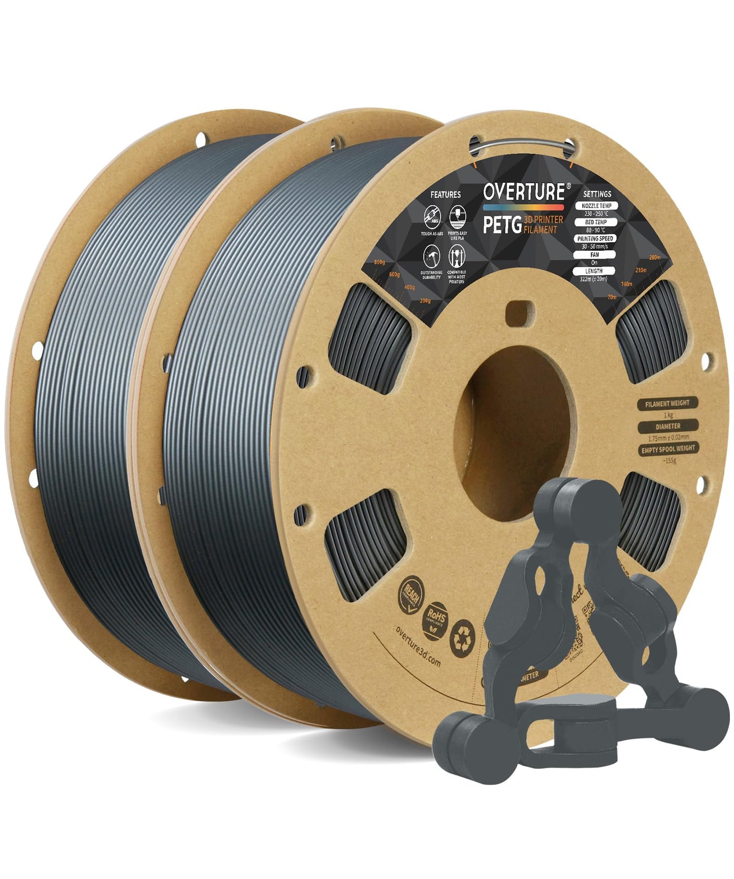 OVERTURE PETG 3D Printer Filament 1.75mm, Neatly Wound Durable PETG 1kg Spool (2.2lbs), Strong Toughness Filament, Dimensional Accuracy +/- 0.02mm, Fit Most FDM Printers (Black (1-Pack))