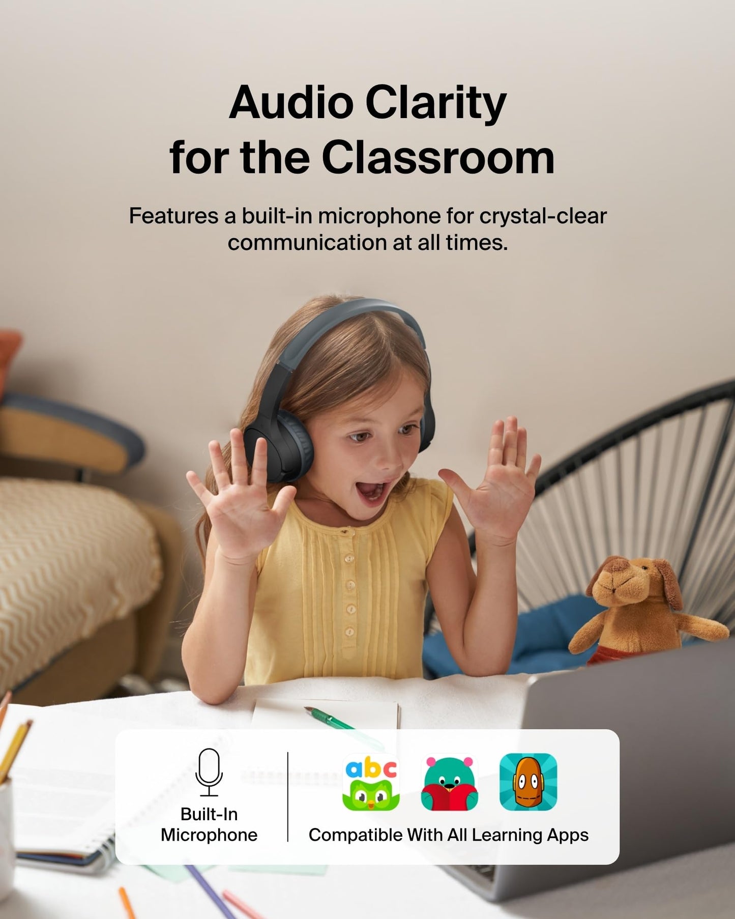Belkin SoundForm Mini - Wireless Bluetooth Kids Headphones, 30H Battery, 85dB Safe Volume Limit, Built-in Microphone - Toddler On-Ear Earphones for iPhone, iPad - Ideal for School - Blue w/Case
