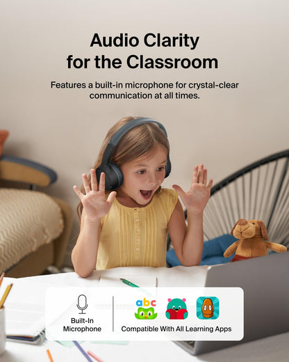 Belkin SoundForm Mini - Wireless Bluetooth Kids Headphones, 30H Battery, 85dB Safe Volume Limit, Built-in Microphone - Toddler On-Ear Earphones for iPhone, iPad - Ideal for School - Blue w/Case