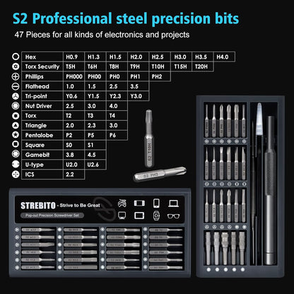 STREBITO Micro Screwdriver Set 50 in 1 Precision Screwdriver Set, S2 Steel Multi Bit Mini Repair Kit for Electronics, Computer, Phone, Laptop, Glass, Watch, Switch, Game Controller