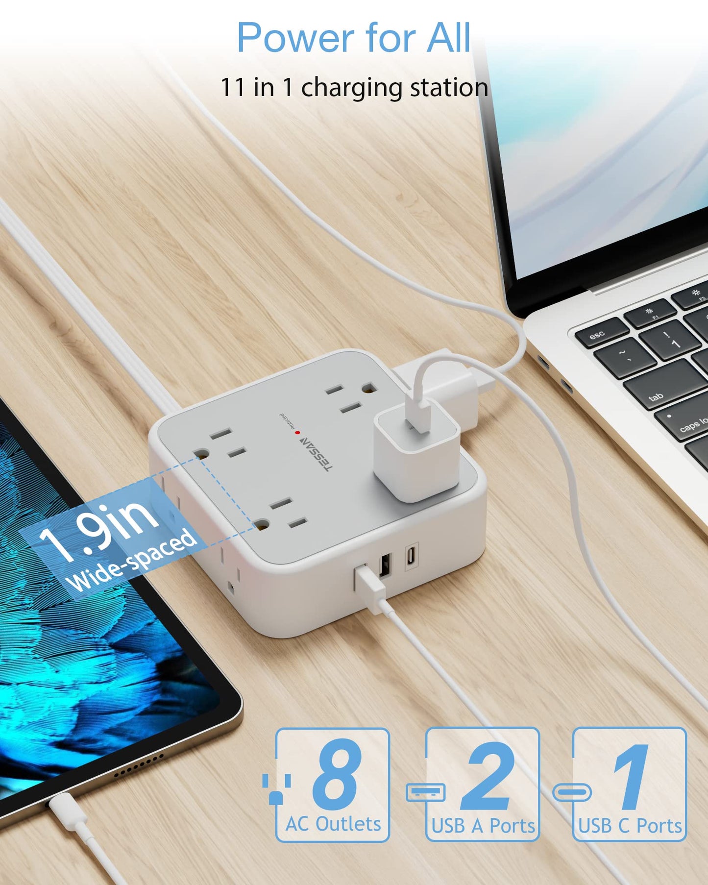 TESSAN Surge Protector Power Strip, 5 Ft Flat Plug Extension Cord with 3 USB (1 USB C) 8 Outlets, 1250W, 900J Protection, 3 Sided Outlet Extender with Power Switch for Office, Dorm Room, Grey