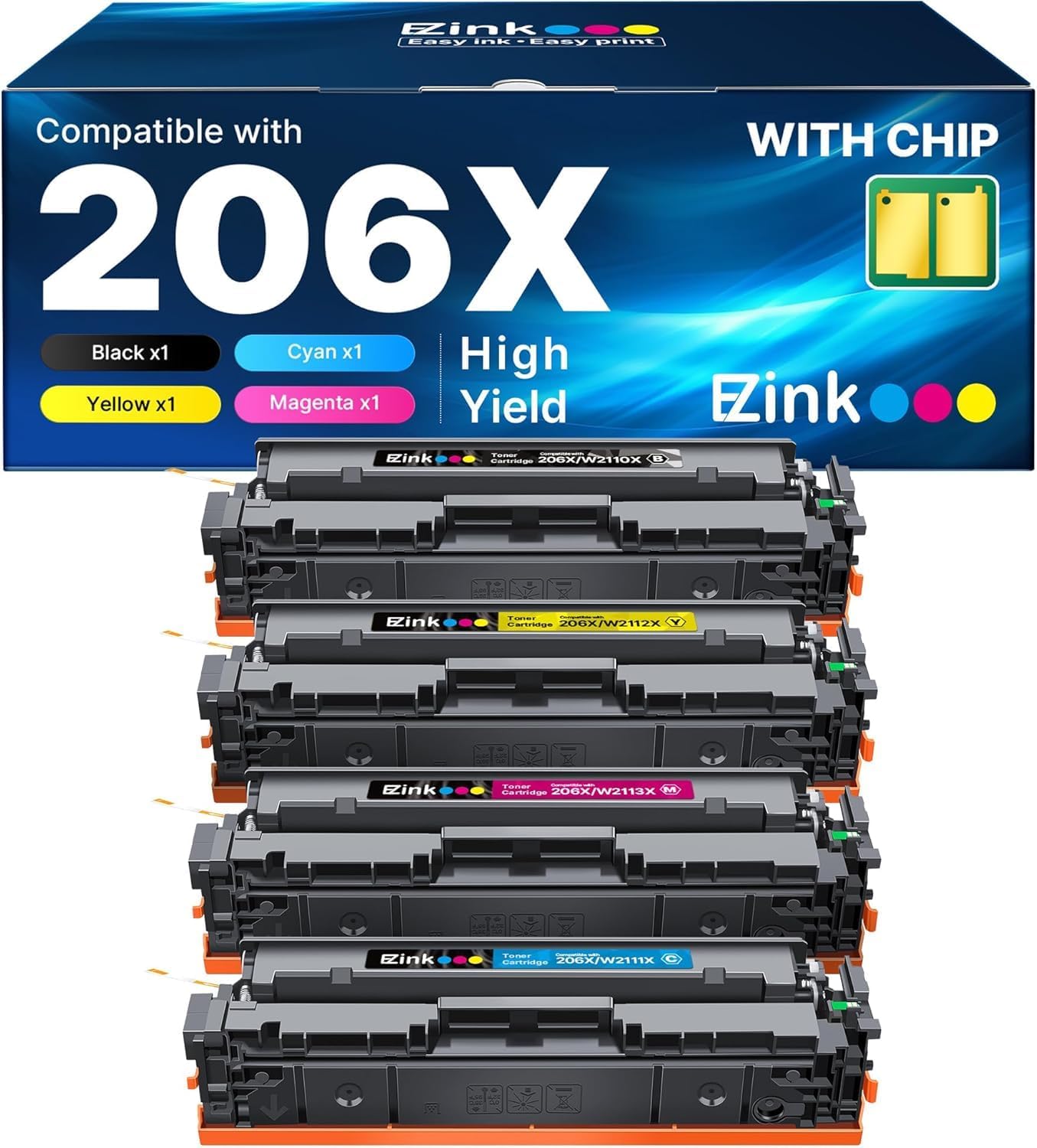 E-Z Ink 206X Toner Cartridges 4 Pack High Yield Compatible for HP 206X 206A W2110X W2110A to Use with HP Color LaserJet Pro MFP M283fdw M283cdw M283fdn M282nw M255dw M255nw M283 (with Chip -B/C/Y/M)