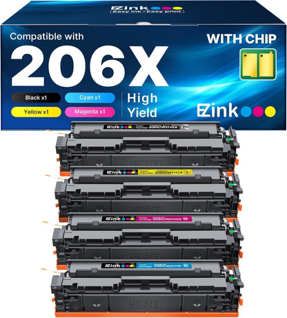 E-Z Ink 206X Toner Cartridges 4 Pack High Yield Compatible for HP 206X 206A W2110X W2110A to Use with HP Color LaserJet Pro MFP M283fdw M283cdw M283fdn M282nw M255dw M255nw M283 (with Chip -B/C/Y/M)