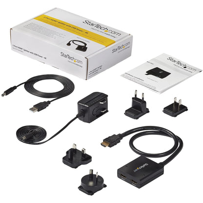 StarTech.com 4K HDMI Splitter 1 In 2 Out - 4K 30Hz HDMI 1.4 2 Port Video Splitter Box -with high speed HDMI cable, USB power cable - Black (ST122HD4KU)