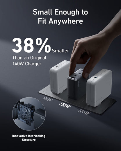 Anker 150W Max USB C Charger Block, 4-Port Compact Foldable GaN Charger for MacBook, iPhone 17/16 and More Series, Dell and More