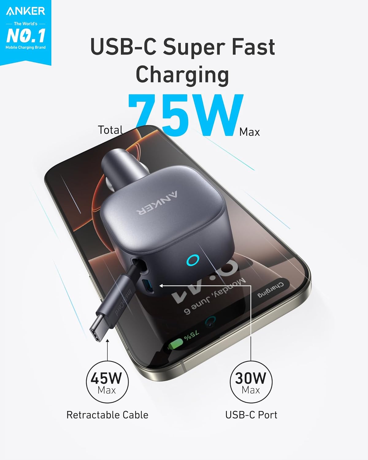 Anker Retractable USB-C Car Charger, 75W Max Fast Charging with Built-in Retractable Cable Car Adapter, Car Accessories for iPhone 17/16 Series, Galaxy S25/S24, MacBookPro/Air, iPad, and More