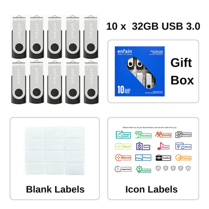 Enfain 16GB USB 2.0 Flash Drive 10 Pack | Swivel Thumb Drives with 31 Labels | Gift-Ready Packaging for Corporate Events, Office & Team Distributions (Black)