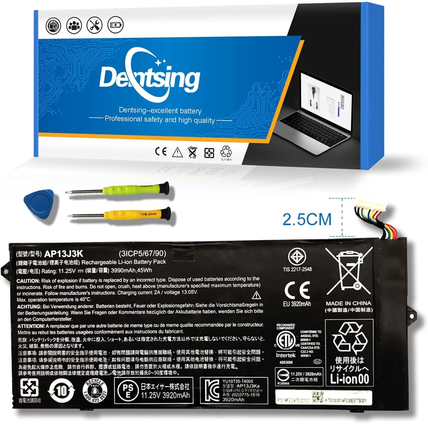 AP13J3K AP13J4K 45Wh Laptop Battery Compatible with Acer Chromebook 11.6" 11 C720 C720P C740 Series Notebook KT.00304.001 KT.00303.001 CB3-431-C5EX 11.4V 3920mAh (2.5cm Short Cable)