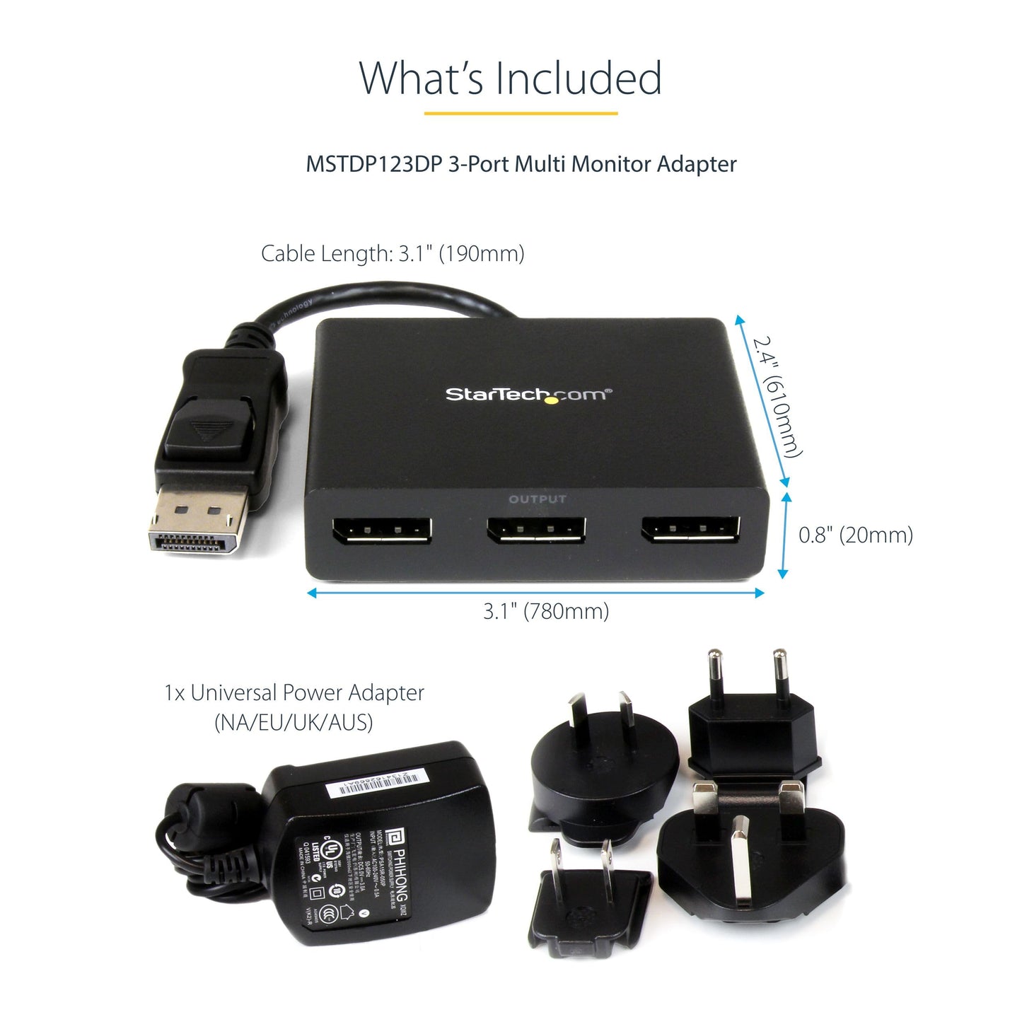 StarTech.com 3-Port DisplayPort 1.2 Splitter, DisplayPort to 3x DP Multi-Monitor Adapter, Dual 4K 30Hz and 1080p 60Hz Computer MST Hub, Windows Only (MSTDP123DP)