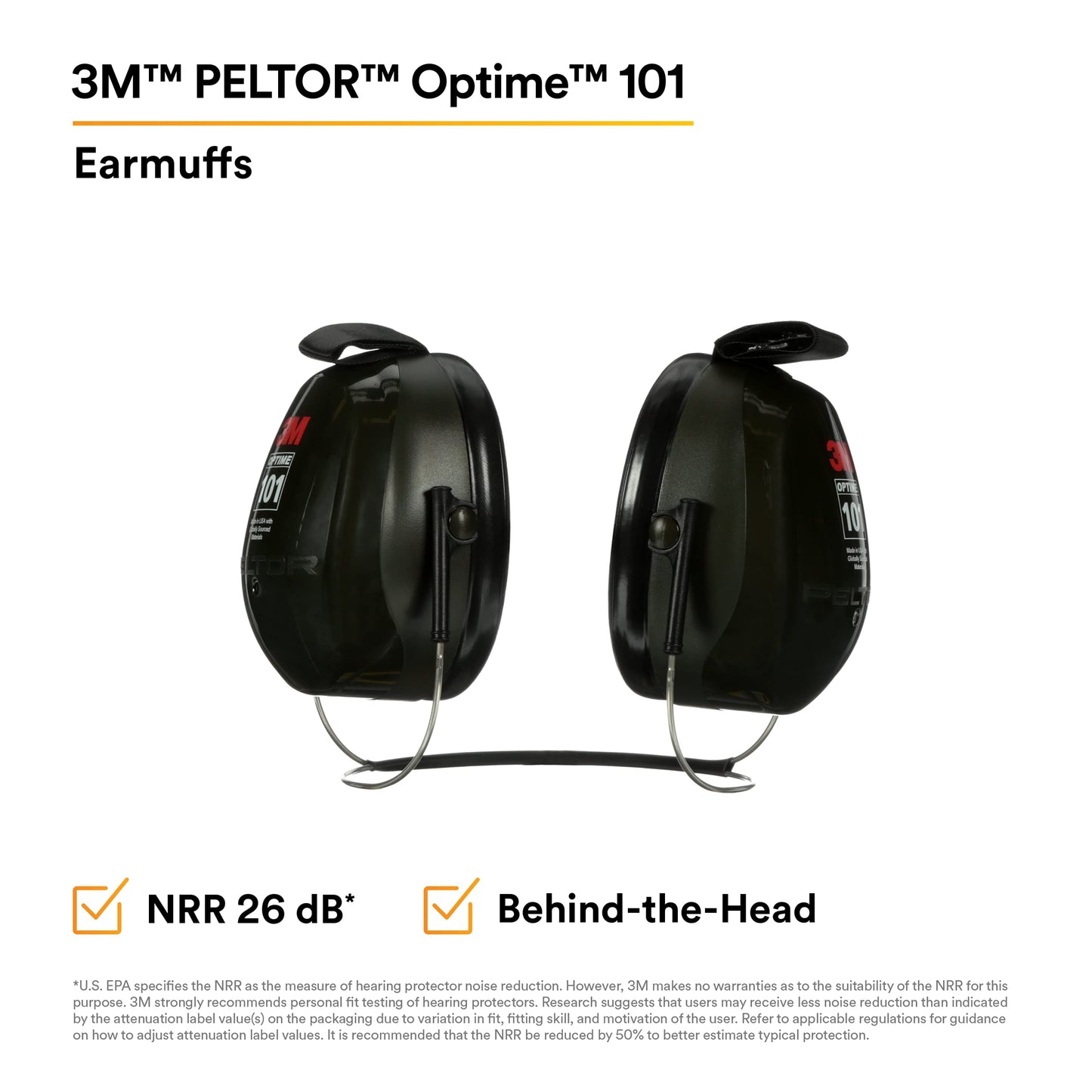 3M PELTOR Hearing Protection Optime 101 Earmuffs, Over the Head, H7A, 25 dB NRR, Adjustable Earcups, E-A-Rfit Compatible, Stainless Steel, Pack of 1, Black/Red