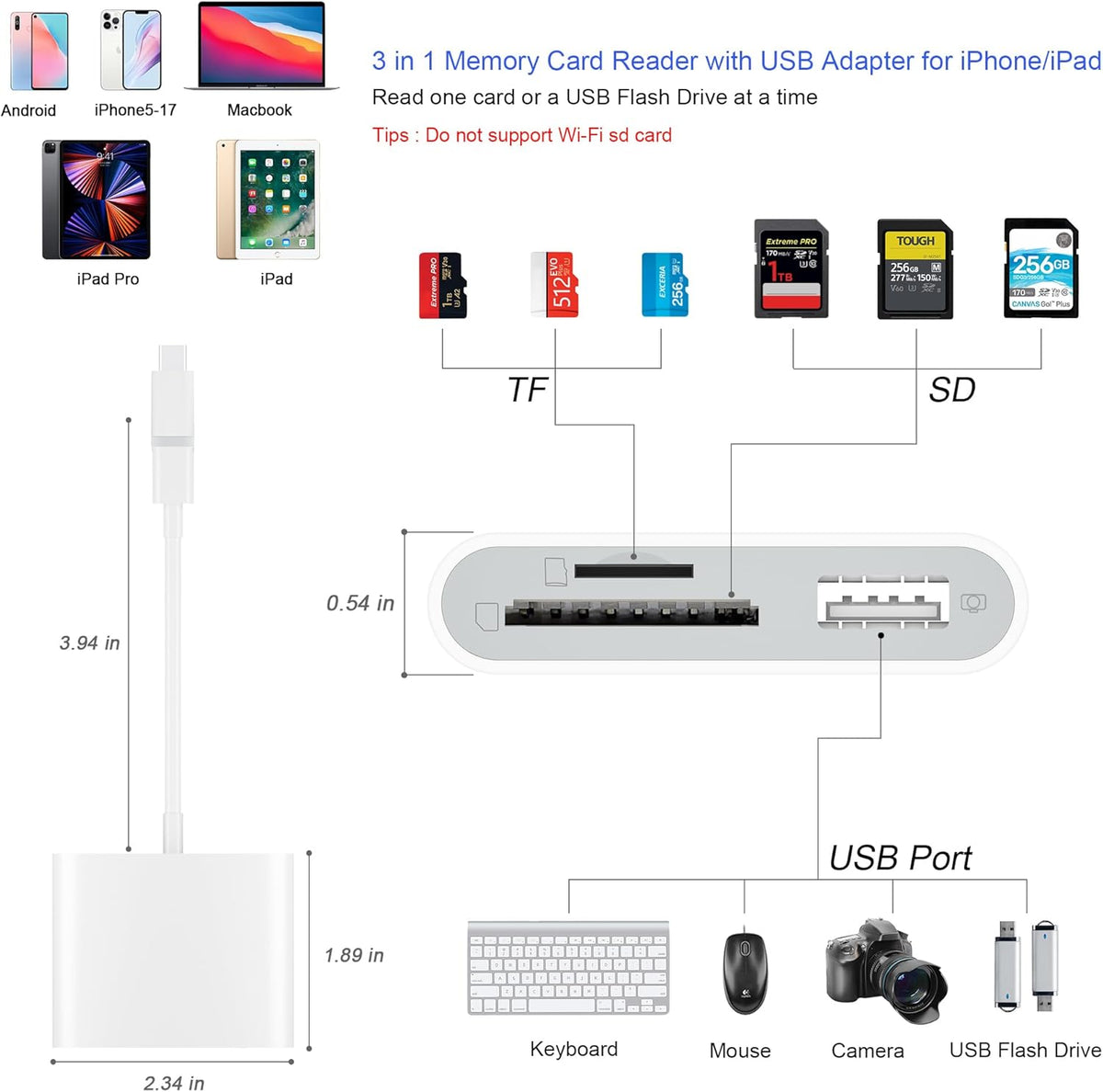 SZHAIYIJIN SD Card Reader for iPhone, Memory Card Reader with USB Camera Adapter Plug and Play Trail Game Camera Viewer Supports SD and TF Card MicroSD Card Adapter for iPad No App Required