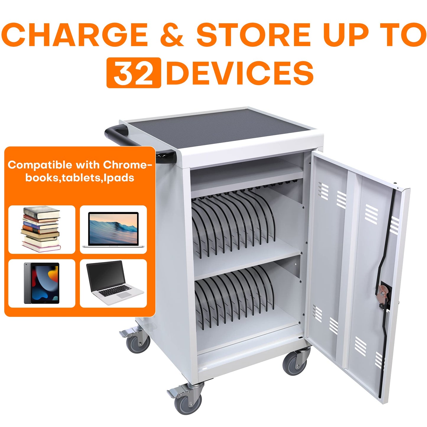 35 Device Mobile Charging Cart, Chromebooks and Laptop Computers, Locking Charging Station with Lock & Key for The Front Back Door, Surge Protection