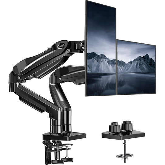 HUANUO FlowLift™ Dual Monitor Stand, Fully Adjustable Gaming Monitor Desk Mount for 13–32″ Computer Screens, Full Motion VESA 75x75/100x100 with C-Clamp & Grommet Base, Each Arm Holds 4.4 to 19.8 lbs