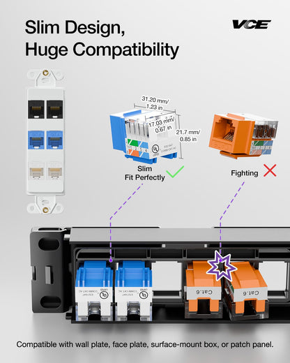 VCE UL Listed 10Gbps Cat6 Keystone Jack Insert 25-Pack, 90 Degree Punch Down RJ45 Keystone Jack Adapter Slim Profile Blue