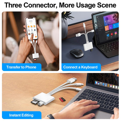 SD Card Reader for iPhone iPad, USB C & Lightning Dual Interface Memory Card Reader, Digital Camera Adapter to iPhone/MacBook/USBC Laptop for SD/TF/Sim Card, Plug & Play, Camera Accessories