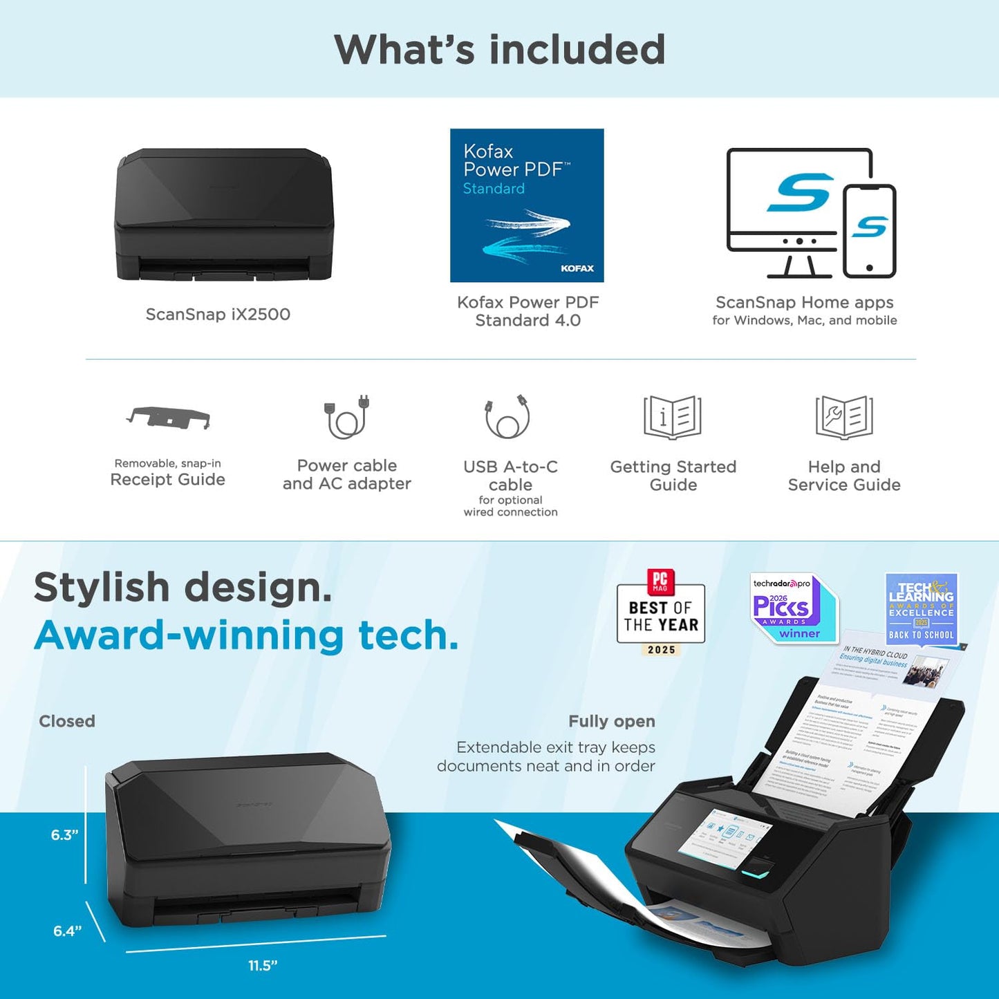 ScanSnap iX1600 Wireless or USB High-Speed Cloud Enabled Document, Photo & Receipt Scanner with Large Touchscreen and Auto Document Feeder for Mac or PC, 17 watts, Black