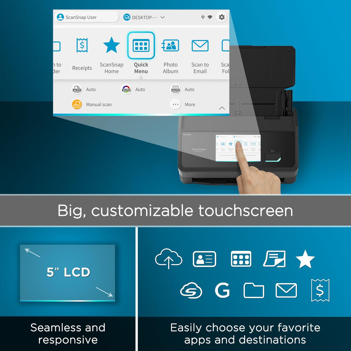 ScanSnap iX1600 Wireless or USB High-Speed Cloud Enabled Document, Photo & Receipt Scanner with Large Touchscreen and Auto Document Feeder for Mac or PC, 17 watts, Black