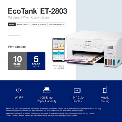 Epson EcoTank ET-2800 Wireless Color All-in-One Cartridge-Free Supertank with Scan and Copy, The Ideal Basic Home Printer - Black