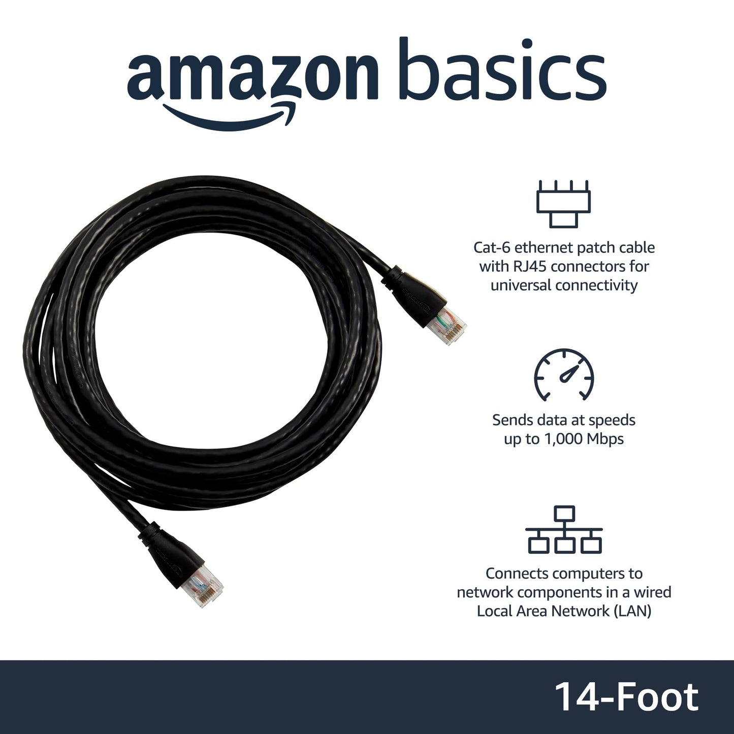 Amazon Basics RJ45 Cat-6 Ethernet Patch Internet Cable, 1Gbps Transfer Speed, Gold-Plated Connectors, Universal Connectivity for PC, TV, Tablet, Router, Printer, 5 Foot, Black