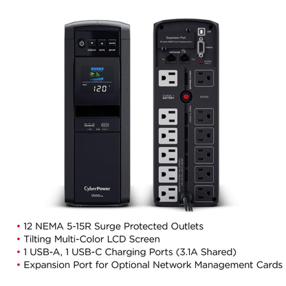 CyberPower CP1500PFCLCD PFC Sinewave UPS Battery Backup and Surge Protector, 1500VA/1000W, 12 Outlets, AVR, Mini Tower, UL Certified