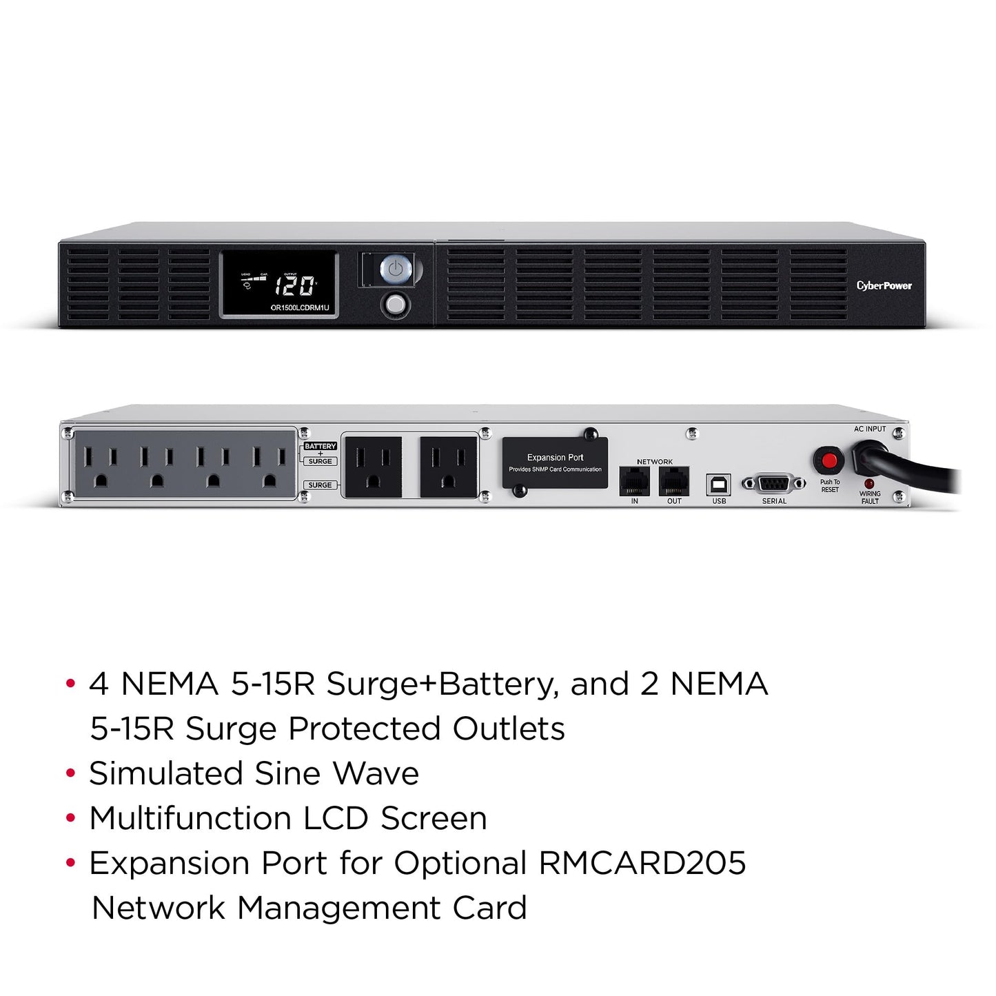 CyberPower OR500LCDRM1U Smart App LCD UPS Battery Backup and Surge Protector, 500VA/300W, 6 Outlets, AVR, 1U Rackmount, UL Certified