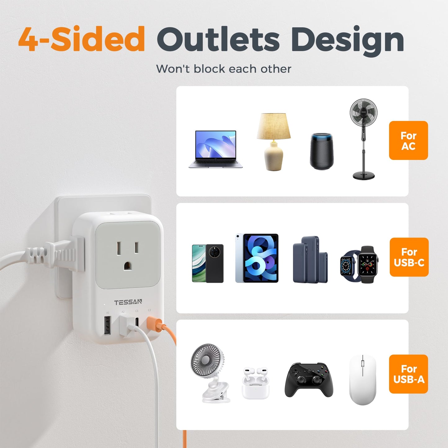 USB C Charger Block 20W, TESSAN PD Fast Charging Adapter with Foldable Plug, 1875W Power Outlet Extender(4 AC and 4 USB) for Cruise, Home, Office, Dorm