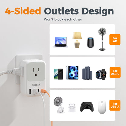USB C Charger Block 20W, TESSAN PD Fast Charging Adapter with Foldable Plug, 1875W Power Outlet Extender(4 AC and 4 USB) for Cruise, Home, Office, Dorm