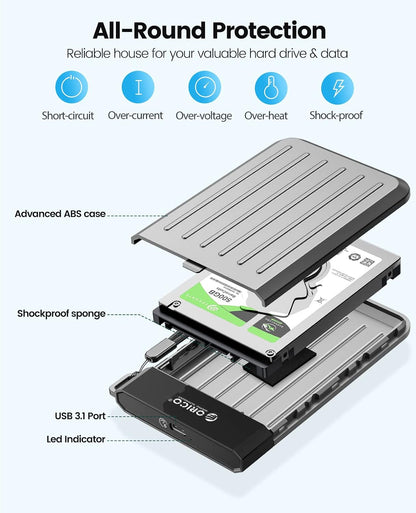 ORICO 2.5'' Hard Drive Enclosure, USB C 3.2 Gen 2 to SATA 3.0 6Gbps HDD Enclosure with Upgraded USB C Cable for WD Seagate Toshiba Samsung SSD HDD on Business Travel,Grey[M25C3]