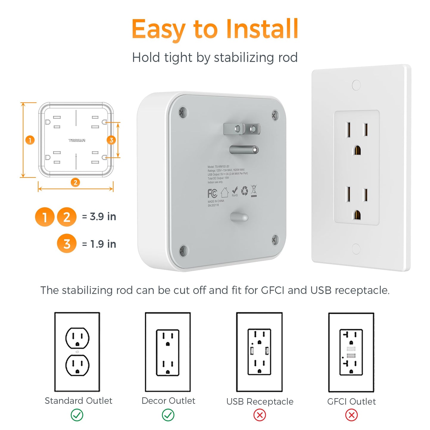TESSAN Multi Plug Outlet Extender, Surge Protector Splitter with 3 USB (1 USB C Port) Wall Charger, Multiple Expander for Travel, Home, College Dorm Room