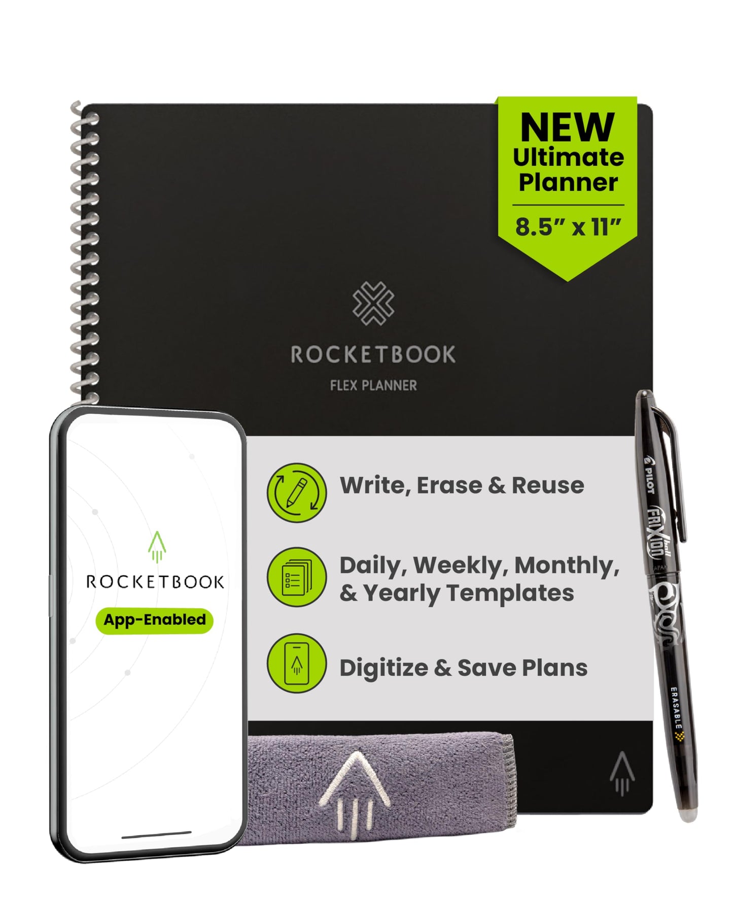 Rocketbook Fusion Hybrid Reusable Planner and Notebook in One, Additional Blank Pages, Goal and Project Tracker, Undated Planner, Letter Size 8.5x11, Black (Pack of 1)