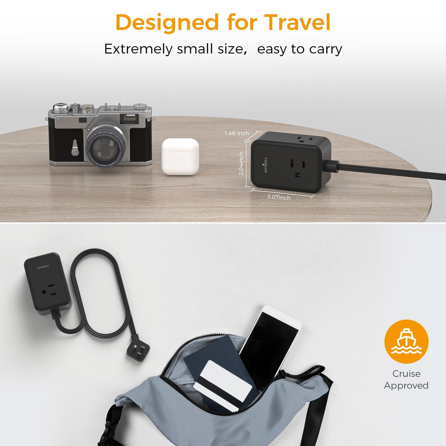 TESSAN Small Flat Plug Power Strip, Ultra Thin Extension Cord 5 ft, 3 AC Outlets with 3 USB Ports (1 USB C), Multiple Wall Outlet Extender for Cruise Travel Office School Dorm Room Essentials