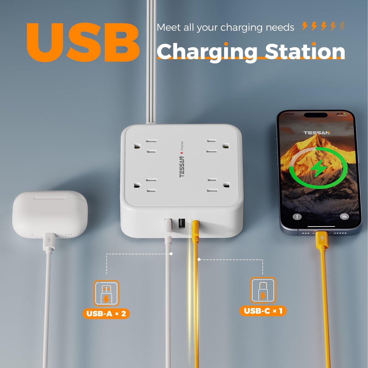 TESSAN Surge Protector Power Strip, 5 Ft Flat Plug Extension Cord with 3 USB (1 USB C) 8 Outlets, 1250W, 900J Protection, 3 Sided Outlet Extender with Power Switch for Office, Dorm Room, Grey