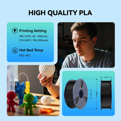 SUNLU PLA 3D Printer Filament PLA Filament 1.75mm, Neatly Wound 3D Printing Filament 1.75mm, Dimensional Accuracy +/- 0.02 mm, Fit Most FDM 3D Printers, 1kg Spool (2.2lbs), Black