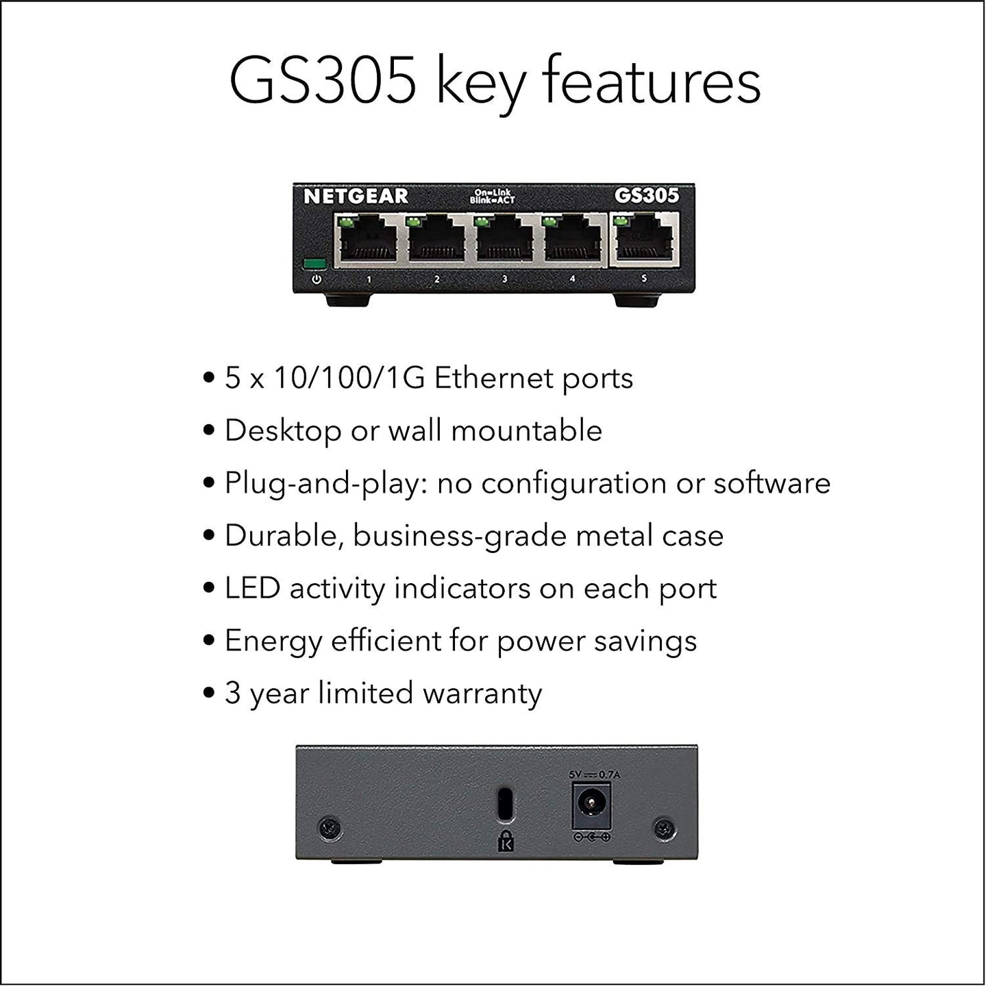 NETGEAR GS308 8-Port Gigabit Ethernet Network Switch, Hub, Internet Splitter, Desktop, Sturdy Metal, Fanless, Plug and Play