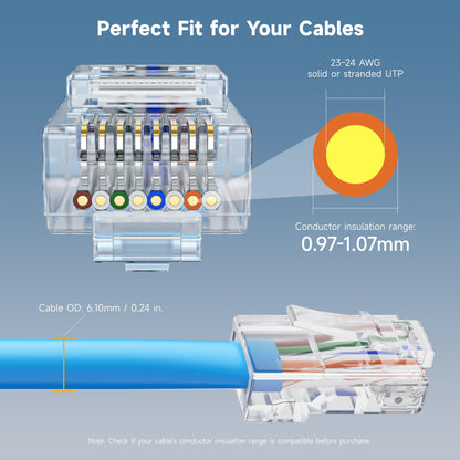 Cable Matters 100-Pack Cat 6 Pass Through RJ45 Connectors, 50µ Gold Plated (Cat 6 Ends / Cat6 Connector /RJ45 Modular Plugs/Ethernet Plugs/Network Connector) for Solid or Stranded UTP Ethernet Cable