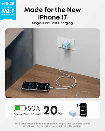 Anker Nano Charger, 47W 2 Port Compact Foldable GaN USB C Charger for iPhone 17/16, Galaxy, Pixel, Compatible with MagSafe (Blue)