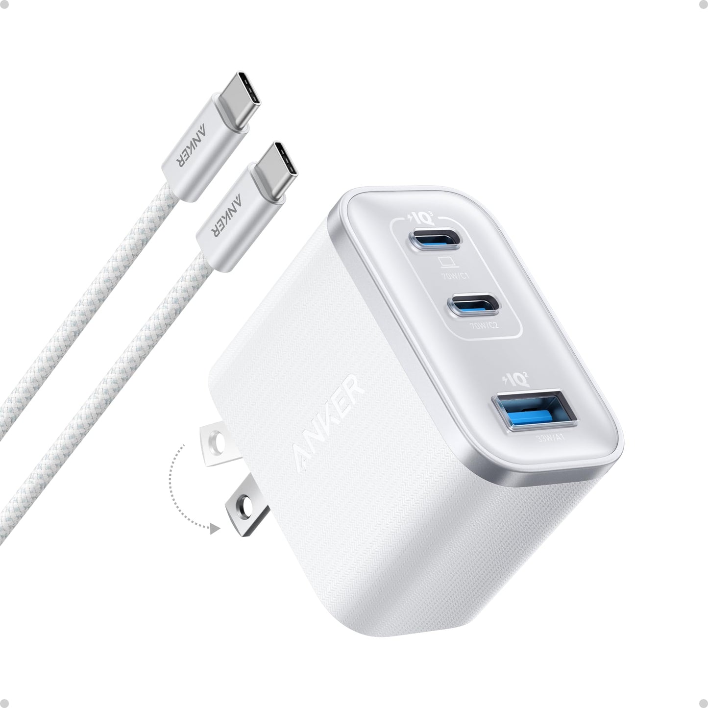Anker Nano Charger, Ultra-Fast 70W Output 3-Port USB C Charger Block, Fast Charging, Compact and Stylish, for iPhone 17/16 Series, MacBook, iPad, Pixel, Galaxy, and More(Black, Cable Included)