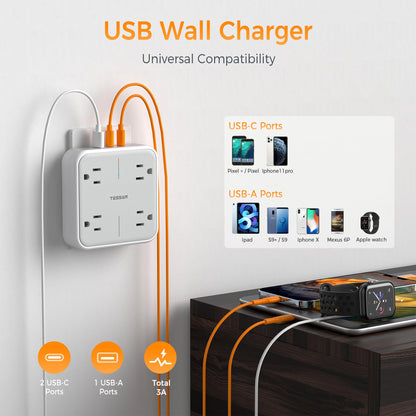 TESSAN Multi Plug Outlet Extender, Surge Protector Splitter with 3 USB (1 USB C Port) Wall Charger, Multiple Expander for Travel, Home, College Dorm Room